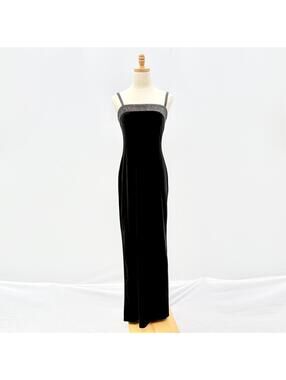 Vintage 90s Black Velvet Silver Trim Formal Gown Small - y2k glitter prom dress